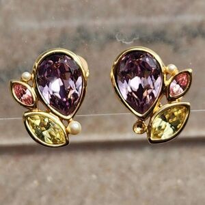 Marked Swarovski Crystal Earrings Faceted Pink Amethyst Green Clip on Jewelry